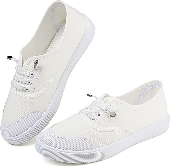 Womens White Canvas Sneakers Lightweight Lace Up Fashion Comfortable Canvas Shoes Low Top Slip On Casual Tennis Walking Shoes Women Footwear